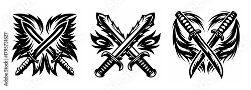 Three distinct samurai sword emblems featuring crossed blades and tribal flame-like accents