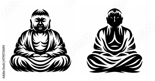 Two meditative buddha statues in black and white stylized rendering peaceful serene spiritual figures
