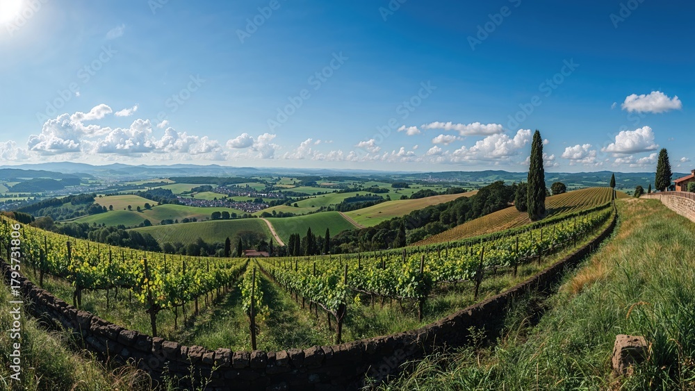Fototapeta premium Vineyards stretching across rolling hills under a bright blue sky with clouds, overlooking lush countryside scenery.