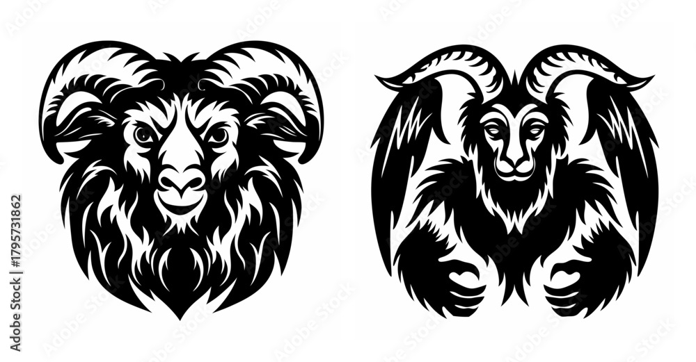 Obraz premium Mythical satyr and demonic creature hairstyle graphic elements detailed line art creature design