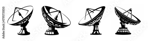 Collection of four detailed sketches of satellite dishes showcasing different angles and perspectives for technology and communication themes