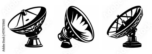 Three vintage satellite dish antennas in a row used for communication and space exploration