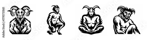 Four distinctive satyr figures in pen and ink style offering a glimpse into mythological creatures and ancient tales