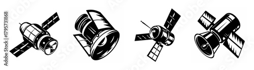 Collection of stylized line drawings of four diverse satellites in orbit representing space exploration and technology