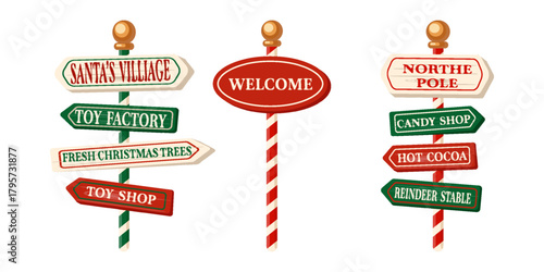 Set of Winter holiday xmas signs for north pole Christmas different directions arrows boards Vector illustration isolated transparent background. Winter holiday Xmas symbol.