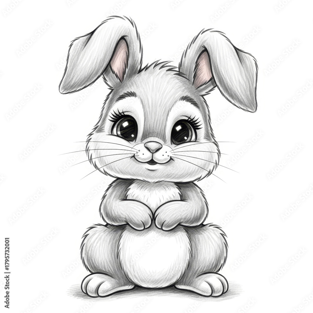 Obraz premium A cute pencil sketch of a bunny sitting upright, with clasped paws, large eyes, and a gentle smile against a white background.