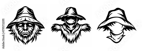 Three stylized scarecrow heads with wide-brimmed hats and menacing expressions in black and white
