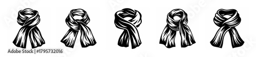 Stylish black and white sketch of five scarves tied in various fashionable knots