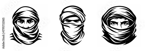 Three monochrome stylized drawings of faces wrapped in scarves showing eyes