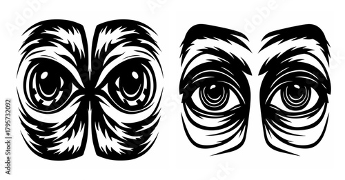 Fierce and intense animalistic eyes staring forward with detailed black and white ink drawing texture