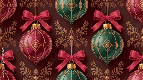 Vintage Christmas Ornament Pattern with Red and Green Balls Photo