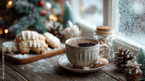 Hot coffee and cookies by the window on a winter day, christmas tree in the background creating a cozy holiday scene