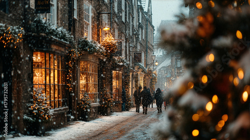 Charming christmas in the Cotswolds shows snow falling on shops decorated with festive lights and people strolling down the street