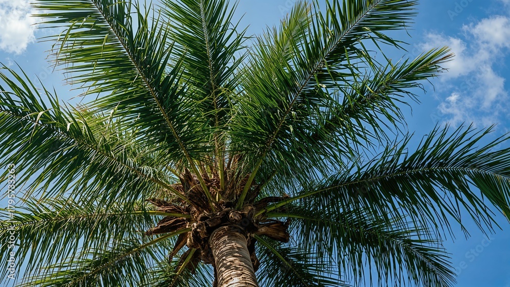 Fototapeta premium A tall palm tree with lush green fronds against a bright blue sky with some clouds.