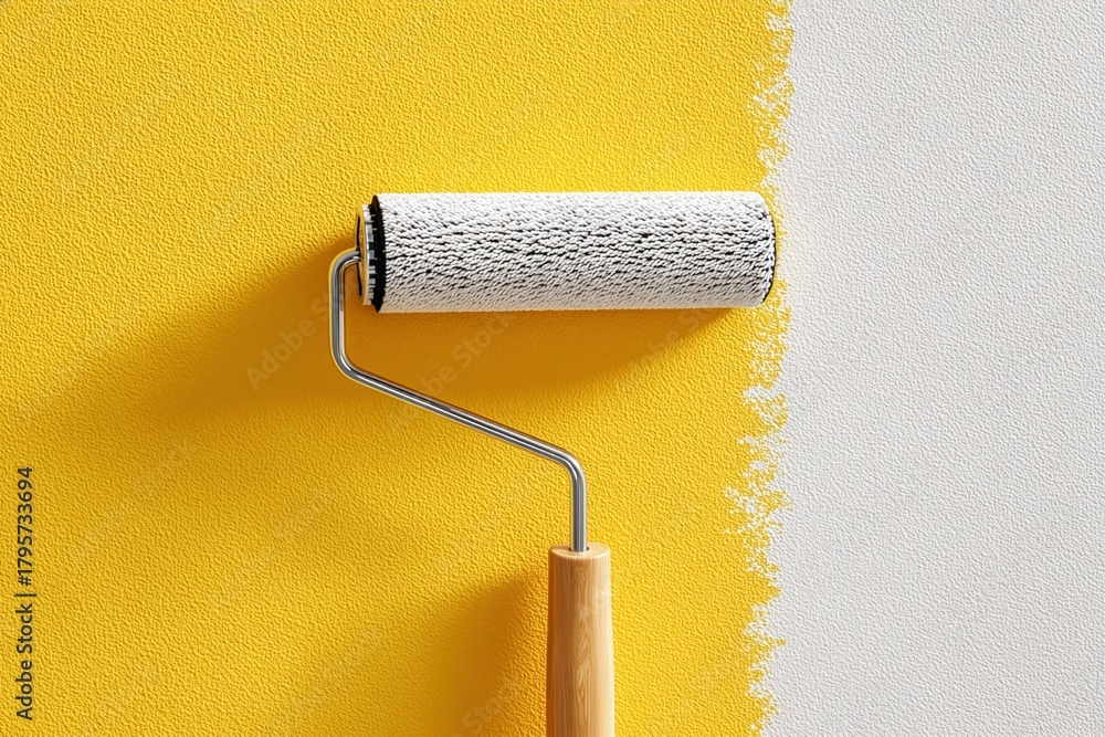 Obraz premium Wall being painted yellow with a paint roller leaving a strip of white, showing interior renovation