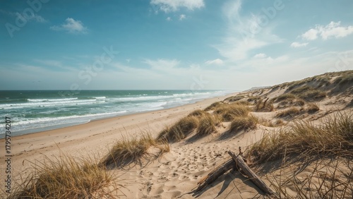 Fototapeta Naklejka Na Ścianę i Meble -  A sandy beach with dunes and grass, ocean waves, and a partly cloudy sky.
