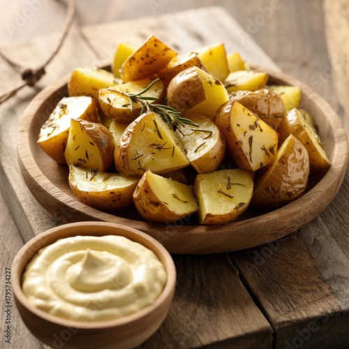 Rustic roasted potatoes with rosemary and dipping sauce