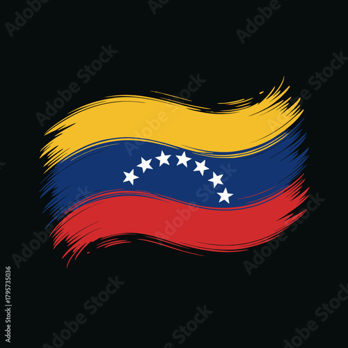 The image features the Venezuelan flag depicted with dynamic brush strokes. It combines yellow, blue, and red bands with white stars on a black background.