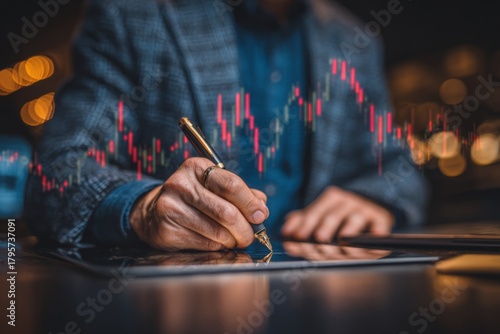 A trader in a blazer using a stylus to annotate a stock graph.