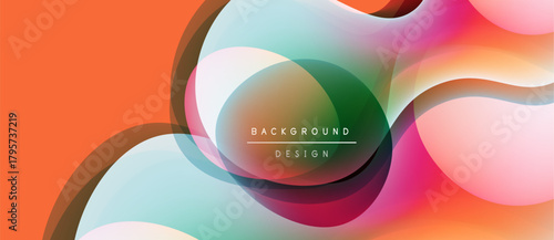 Abstract fluid shapes overlap, creating vibrant color gradients. Orange background complements flowing design elements. Modern, dynamic composition.