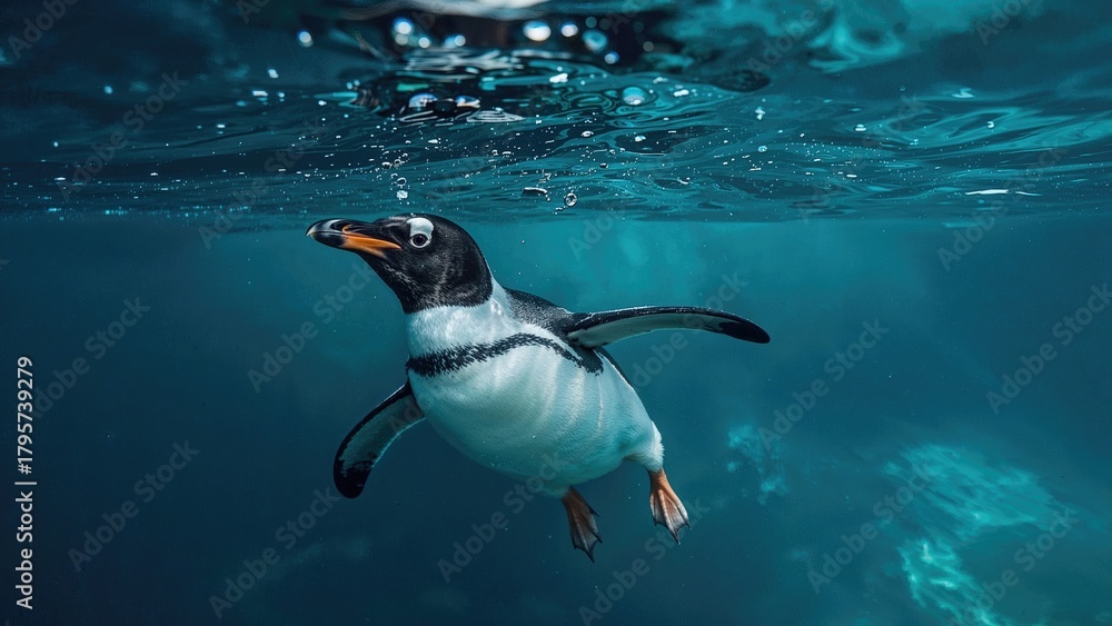 Obraz premium Penguin swimming underwater with blue ocean background. Marine animal and aquatic life. Nature and wildlife. The scene of underwater exploration and marine ecosystem.
