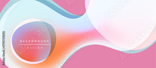Abstract fluid shapes blend, creating soft gradients. Pink, orange, blue hues dominate design. Modern background element.