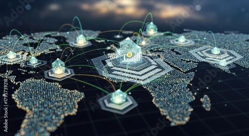 Global Network of Digital Connections and Futuristic Hubs on World Map.