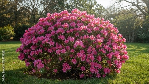 Pink azalea bush in a park during daytime with lush green grass and trees in the background.