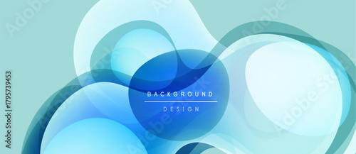 Abstract blue shapes overlap light turquoise backdrop. Modern design features smooth gradients, creating dynamic visual effect. Text reads background design.
