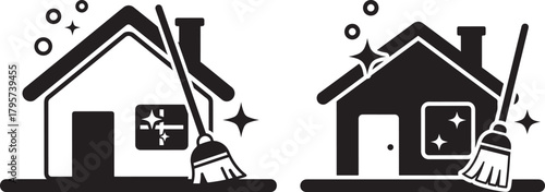 Two houses with brooms and sparkling windows silhouette