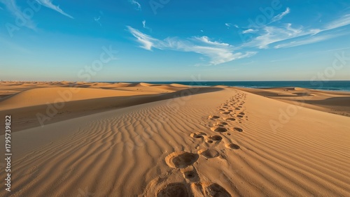 Fototapeta Naklejka Na Ścianę i Meble -  Desert landscape with footprints on sand dunes under a blue sky.