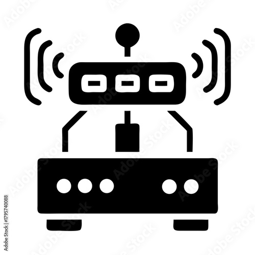 Black and white icon of a wireless router emitting signals icon