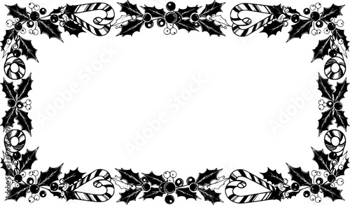 Black and white Christmas border with candy canes and holly