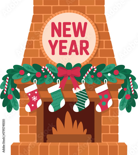 New Year fireplace with stockings and garland Christmas