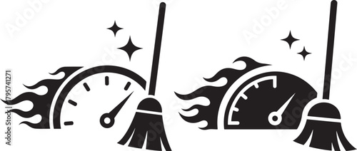Two flaming clocks with brooms and sparkles silhouette