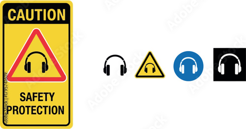 Caution safety protection sign with headphones icon and related symbols warning on transparent background