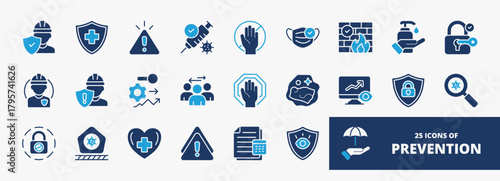 set of A collection of prevention icons suitable for web and mobile application. Set of glyph blue style icons with safety, shield, alert, vaccine, barrier, and more icons.