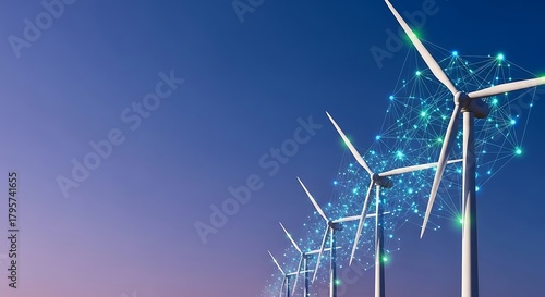Wind turbines generating energy on blue background with digital effects  