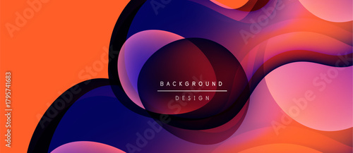 Abstract fluid shapes, vibrant colors blend. Orange, purple hues create dynamic background design. Modern, stylish visual element.