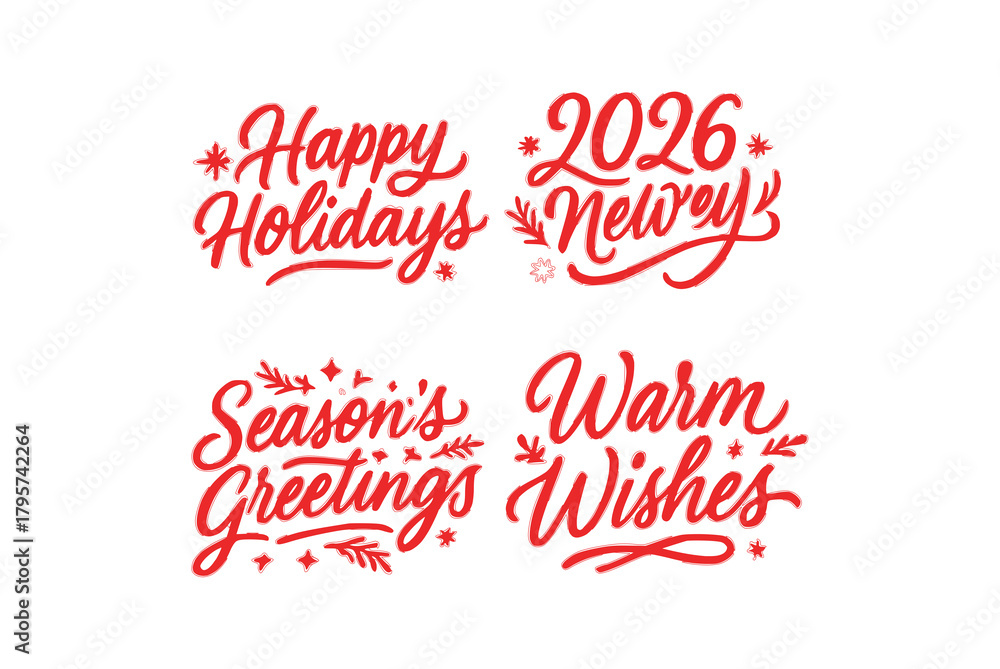Fototapeta premium Happy Holidays, 2026 New Year, Season's Greetings and Warm Wishes red script lettering set on black background, festive holiday typography PNG transparent
