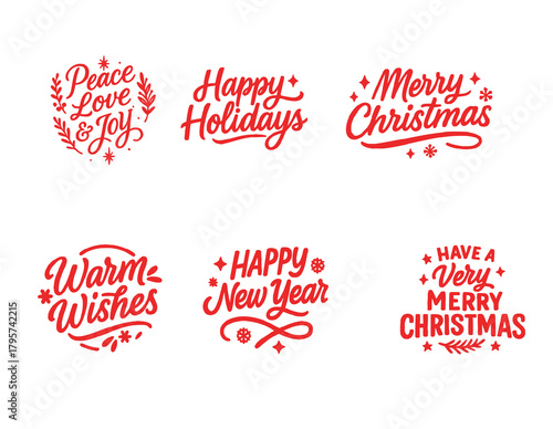 Peace Love and Joy, Happy Holidays, Merry Christmas and Happy New Year red script lettering set on black background, festive holiday typography PNG transparent