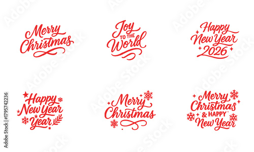 Merry Christmas, Joy to the World and Happy New Year 2026 red script lettering set on black background, festive holiday typography PNG transparent