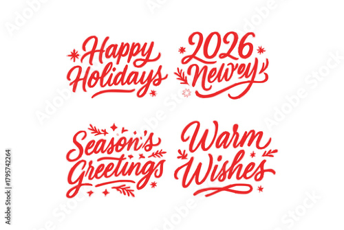 Happy Holidays, 2026 New Year, Season's Greetings and Warm Wishes red script lettering set on black background, festive holiday typography PNG transparent