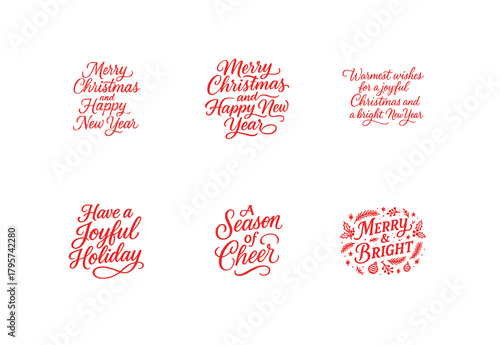 2026 Merry Christmas and Happy New Year red script quotes collection on black background, festive holiday lettering set PNG transparent
