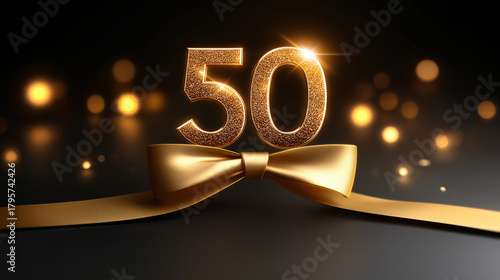 Goldene Zahl 50 mit Band auf glänzendem Hintergrund und Bokeh-Effekt