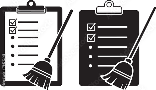 Two clipboards with checklists and brooms silhouette