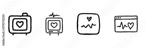 Heart Monitor And Heartbeat Line Icon Set In Doodle Style. Medical Technology, Health Monitoring, And Cardiovascular Care Outline Sketch Collection. Hand Drawn Isolated Vector Illustration