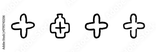 Cross And Medicine Bottle Line Icon Set In Doodle Style. Healthcare, Medical Assistance, And Pharmacy Symbols Outline Sketch Collection. Hand Drawn Isolated Vector Illustration