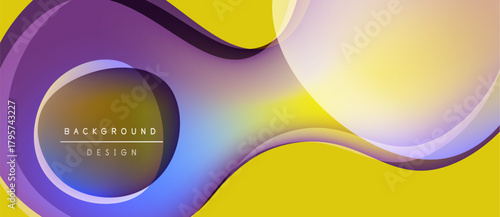 Abstract fluid shapes overlap, creating vibrant color gradients. Yellow background complements purple, orange, blue hues. Modern design element.
