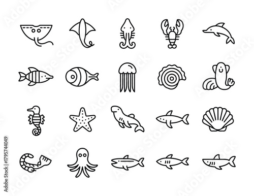 Sea life marine animals outline icon set